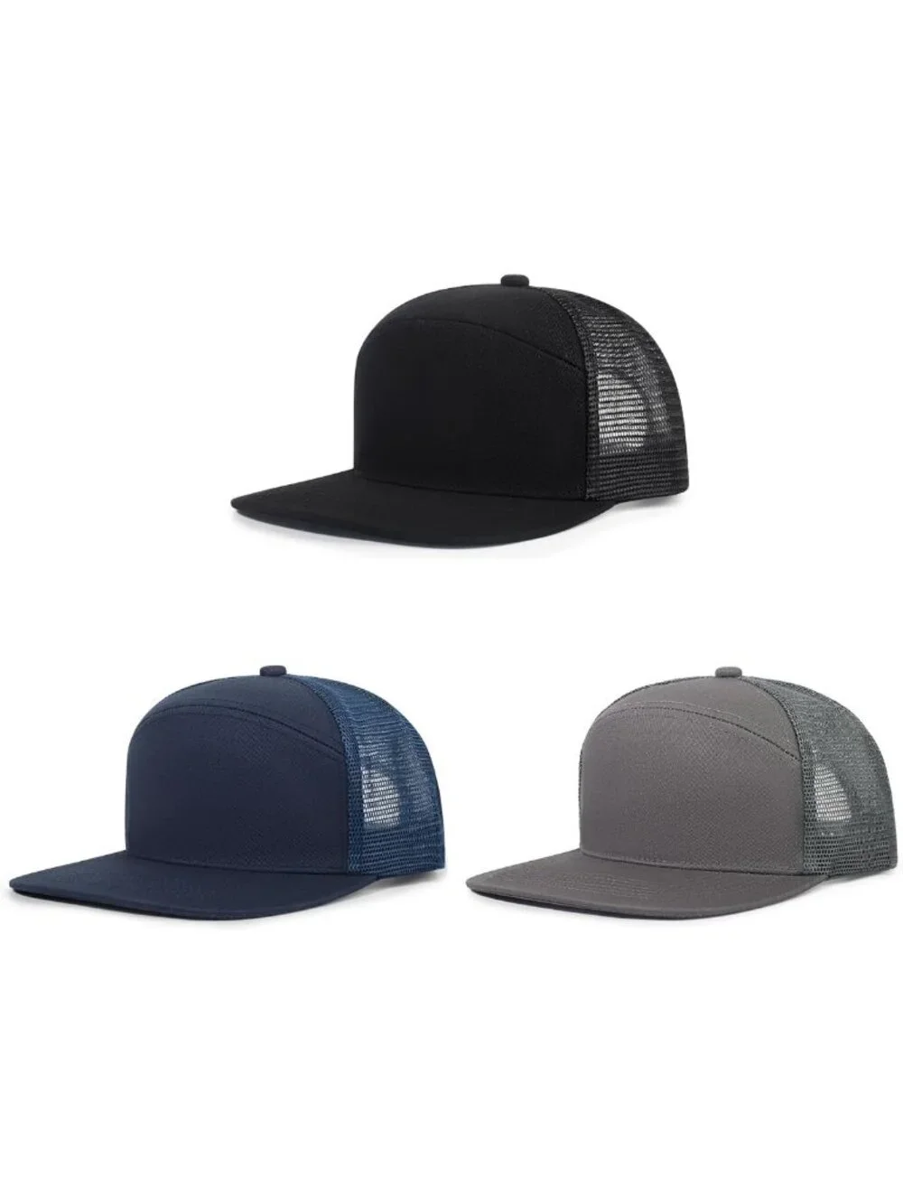 3Pcs Adjustable Trucker Hats | 7 Panel Snapback Flat Brim Caps for Men & Women